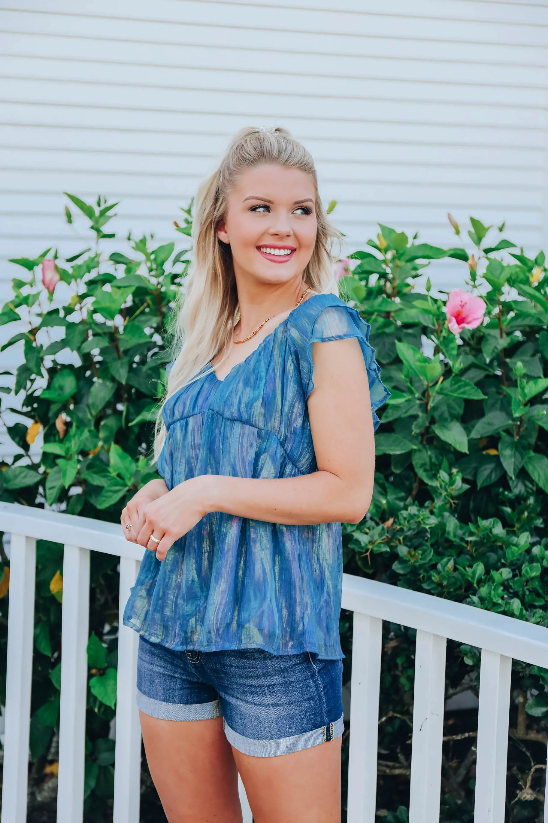 Shimmering Chiffon Baby Doll Top - Teal- FINAL SALE Size Small
