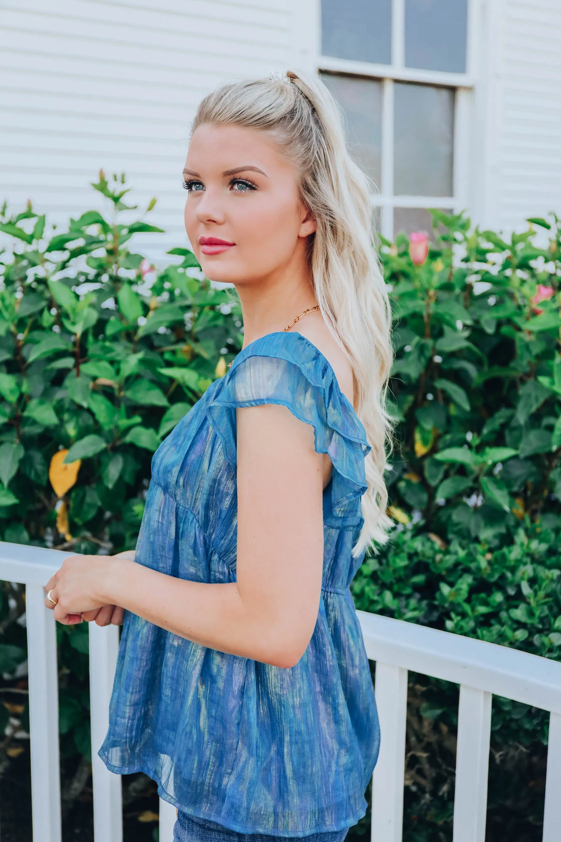 Shimmering Chiffon Baby Doll Top - Teal- FINAL SALE Size Small