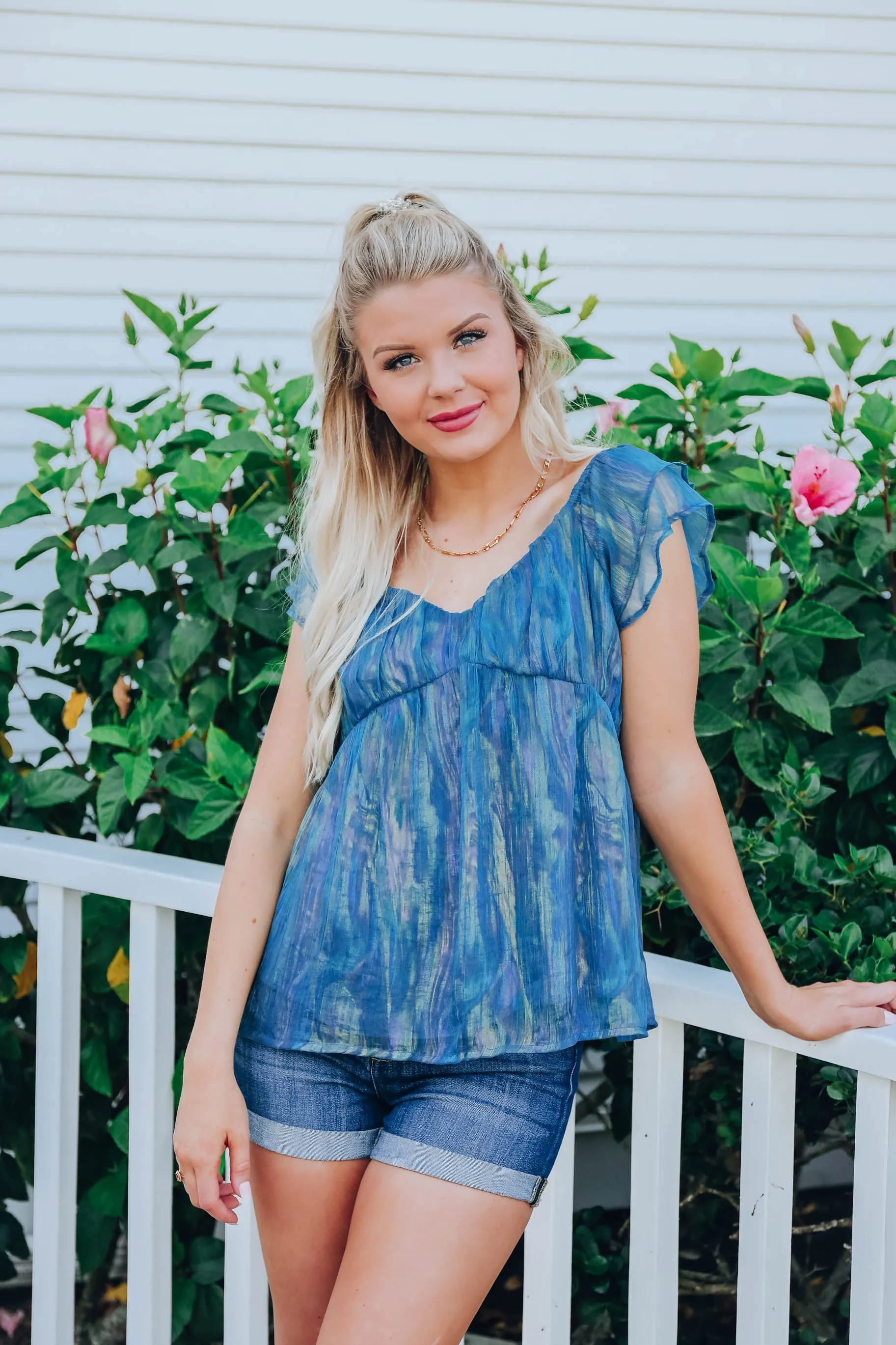 Shimmering Chiffon Baby Doll Top - Teal- FINAL SALE Size Small