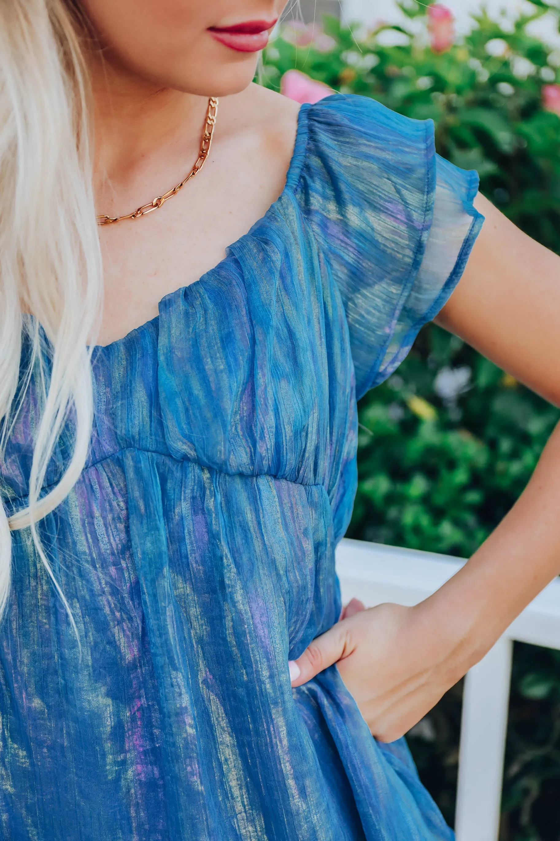 Shimmering Chiffon Baby Doll Top - Teal- FINAL SALE Size Small