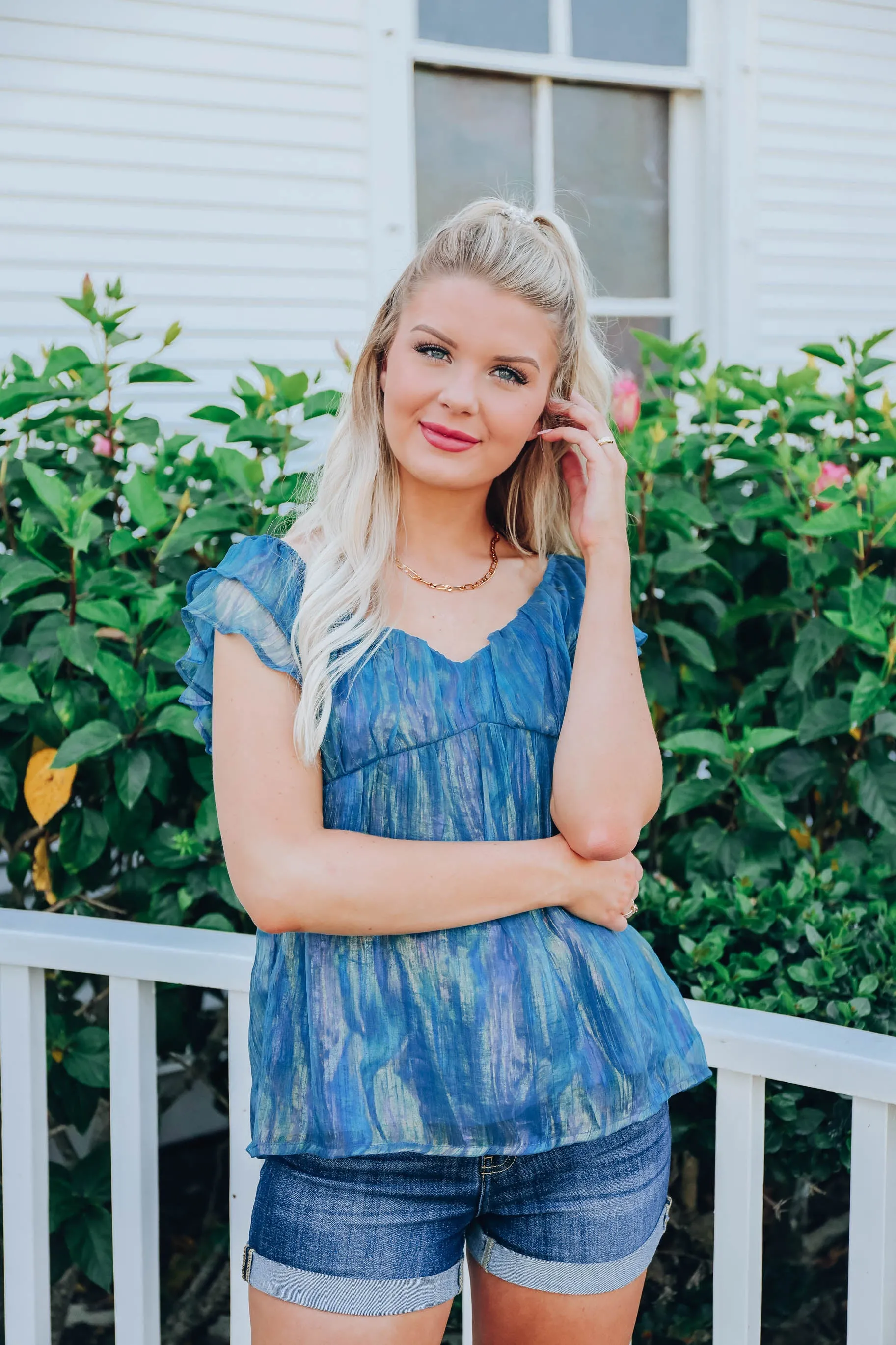 Shimmering Chiffon Baby Doll Top - Teal- FINAL SALE Size Small