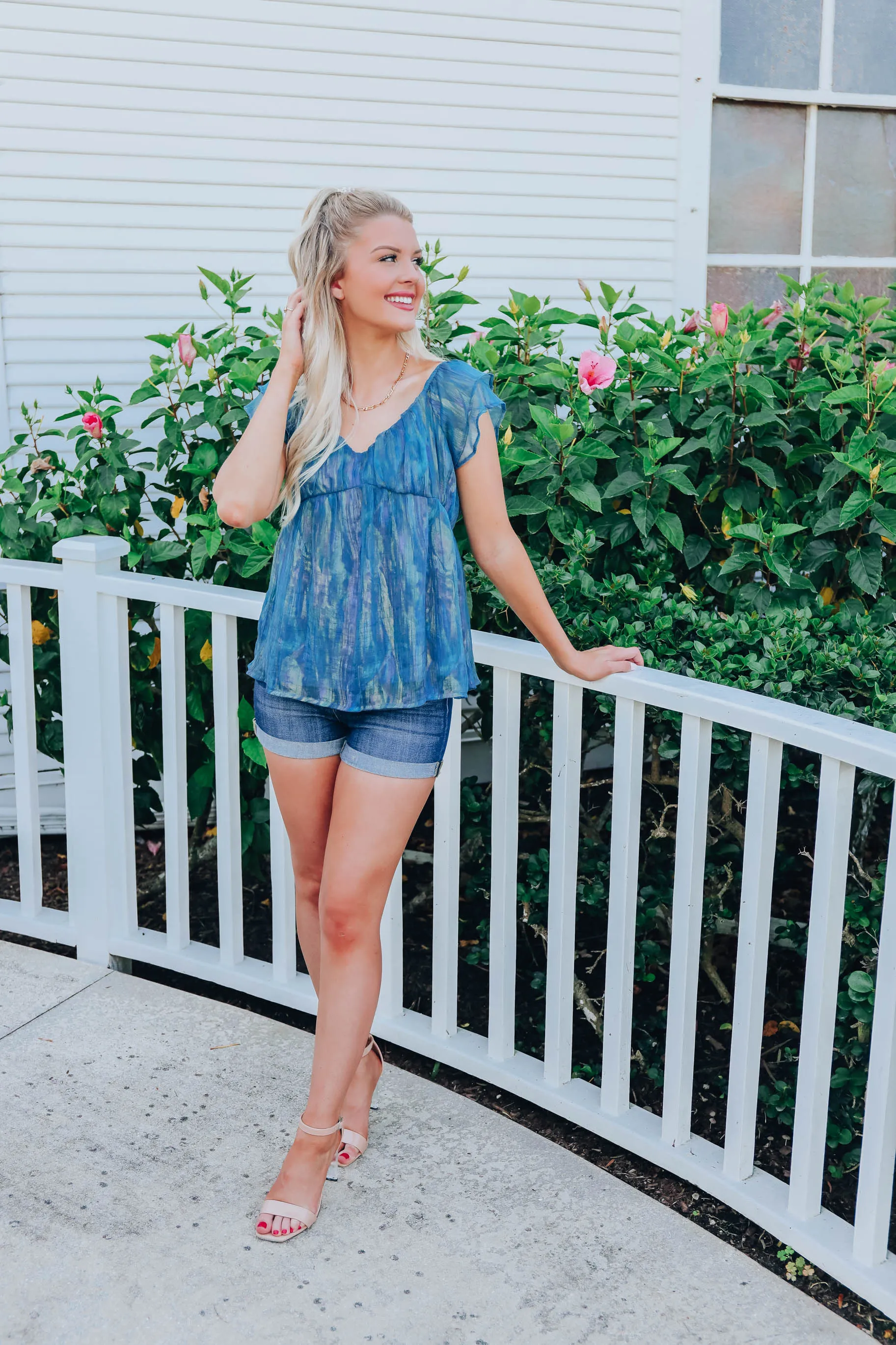 Shimmering Chiffon Baby Doll Top - Teal- FINAL SALE Size Small