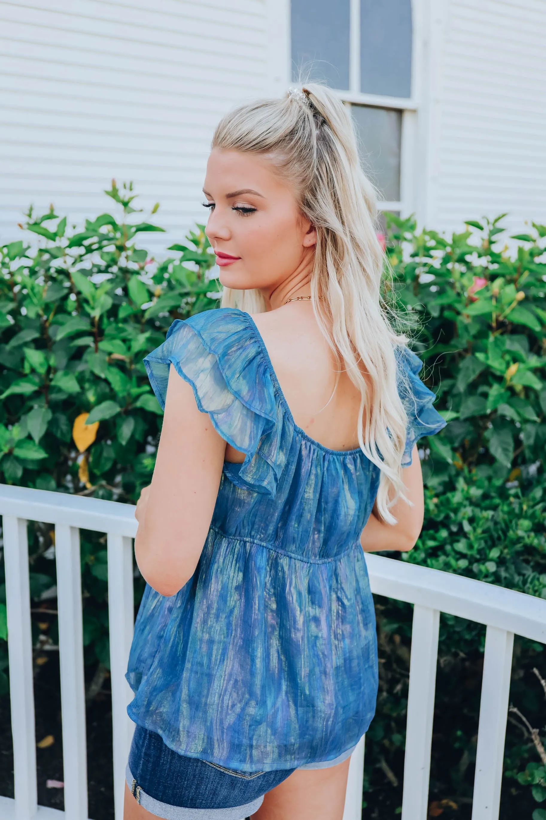 Shimmering Chiffon Baby Doll Top - Teal- FINAL SALE Size Small