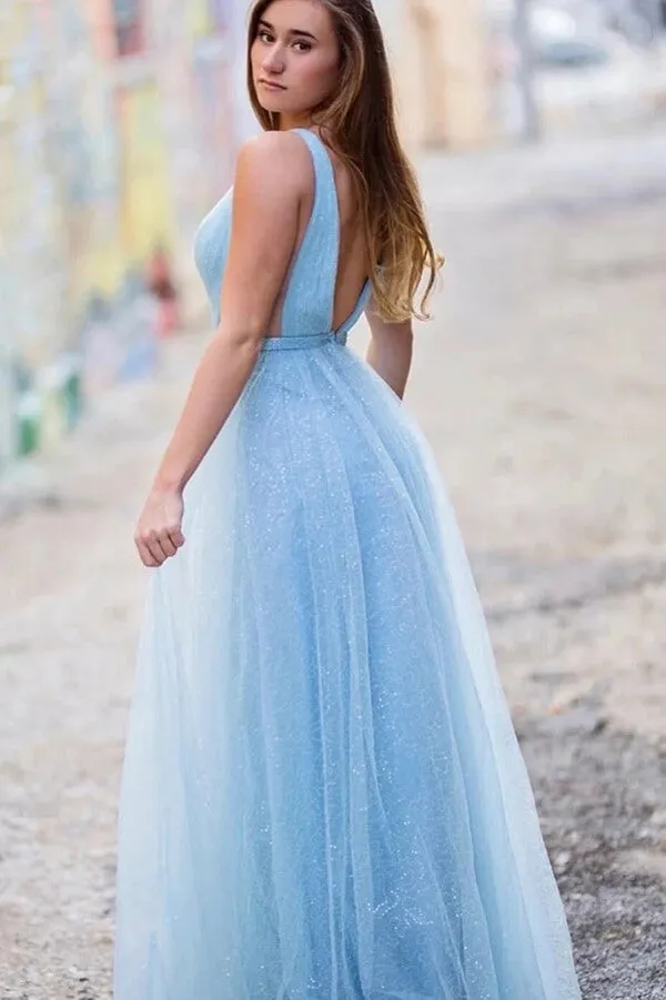 Shiny Blue Tulle A-line V-neck Simple Prom Dresses, Long Formal Dresses, SP877