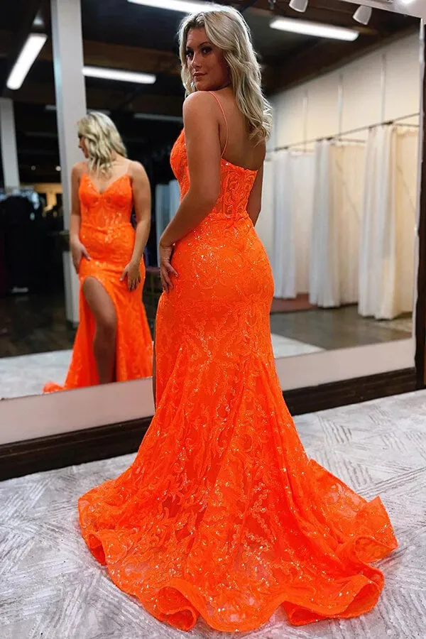 Shiny Orange Mermaid V-neck Lace Prom Dresses With Slit, Party Dress, MP808