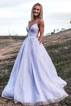 Shiny Purple Tulle A-line Long Prom Dresses With Pockets, Evening Gown, SP797