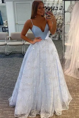 Shiny Tulle Blue A-line V-neck Floor Length Prom Dresses, Evening Dresses, MP797