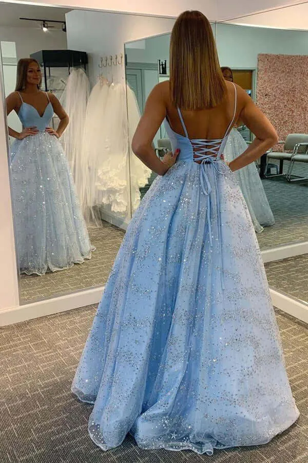 Shiny Tulle Blue A-line V-neck Floor Length Prom Dresses, Evening Dresses, MP797