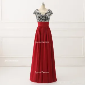 Short Sleeve Sequin Top Red Chiffon Skirt V Neck Custom Bridesmaid Dresses, BD120