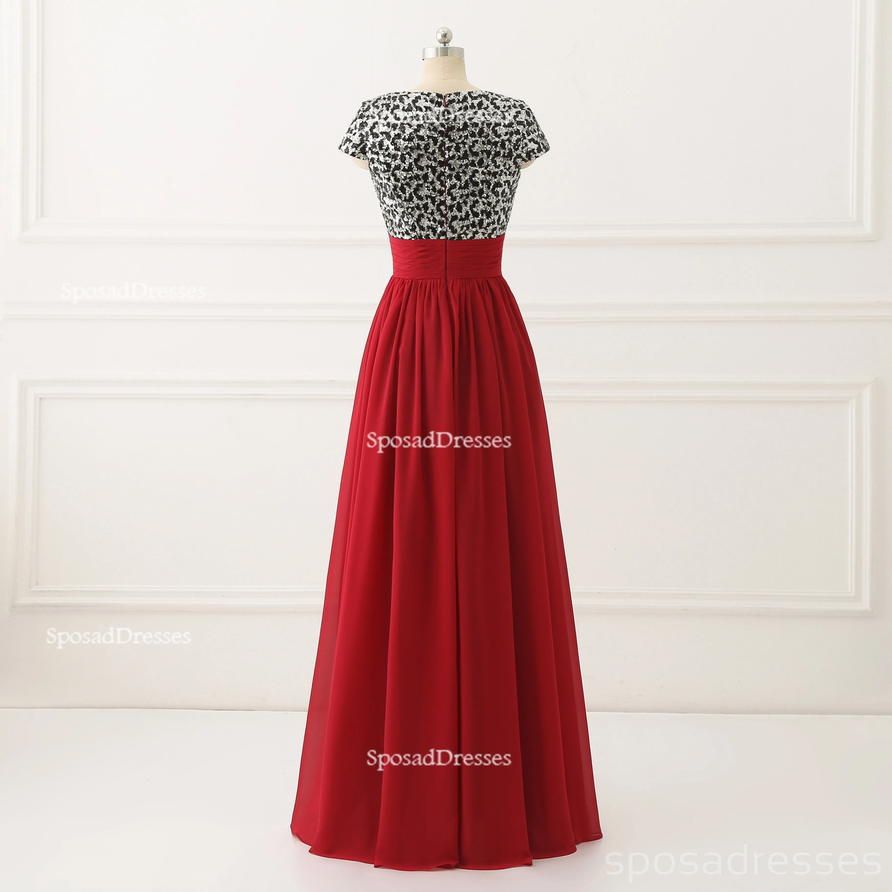 Short Sleeve Sequin Top Red Chiffon Skirt V Neck Custom Bridesmaid Dresses, BD120