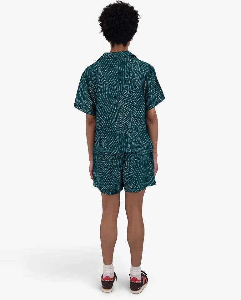 Short Sleeve Soft Collar Shirt Vintage Green Stitch Print