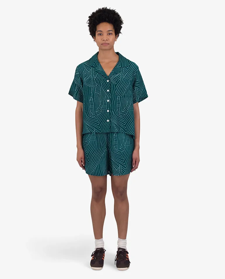 Short Sleeve Soft Collar Shirt Vintage Green Stitch Print
