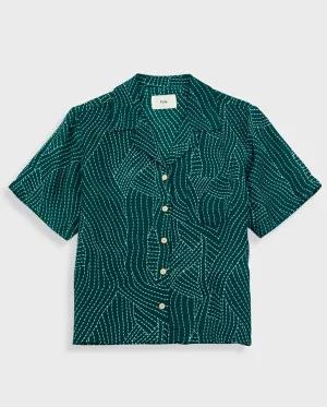 Short Sleeve Soft Collar Shirt Vintage Green Stitch Print