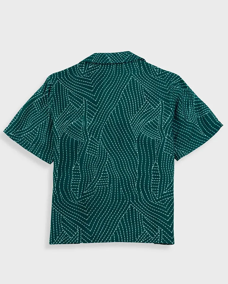 Short Sleeve Soft Collar Shirt Vintage Green Stitch Print