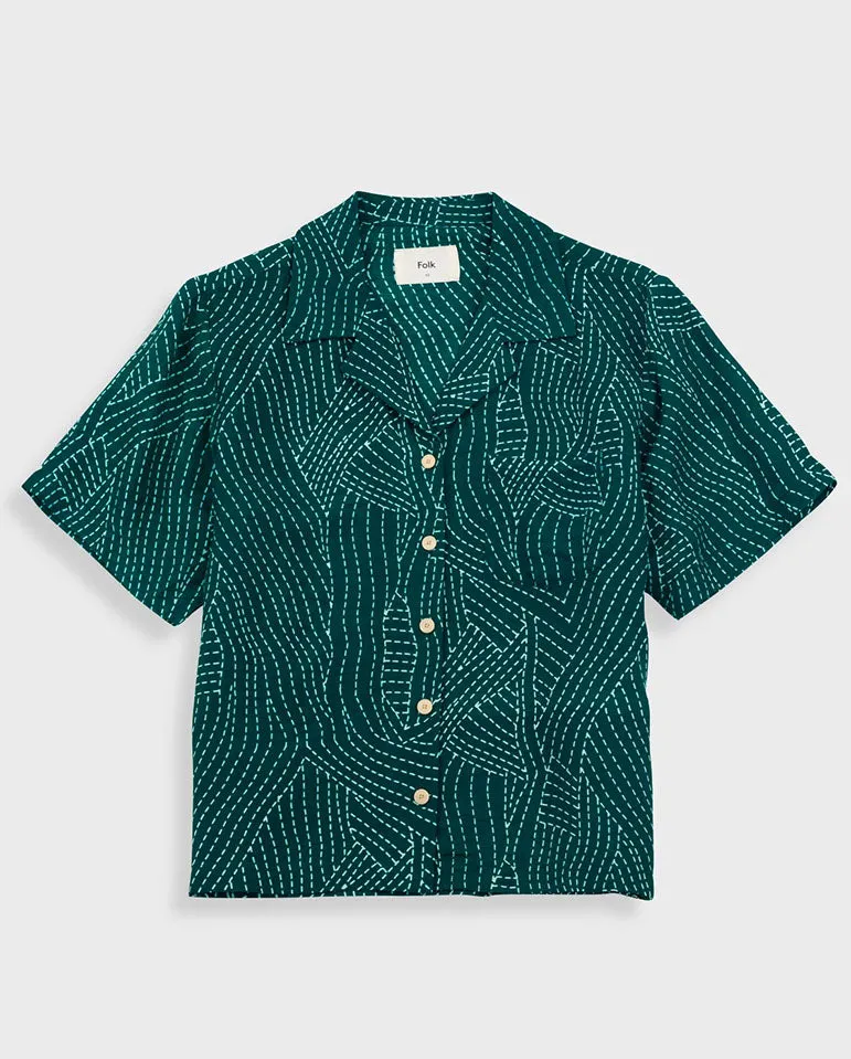 Short Sleeve Soft Collar Shirt Vintage Green Stitch Print