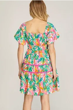 SHORT SLEEVE TIERED PRINT WOVEN DRESS