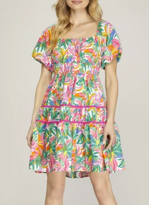 SHORT SLEEVE TIERED PRINT WOVEN DRESS