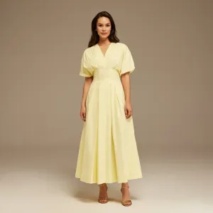 Short Sleeve Yellow Pleated Maxi Dress