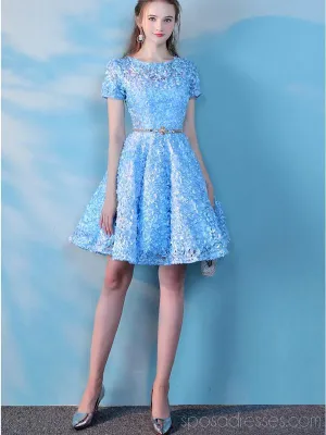 Short Sleeves Blue Lace Cheap Homecoming Dresses Online, Cheap Short Prom Dresses, CM777