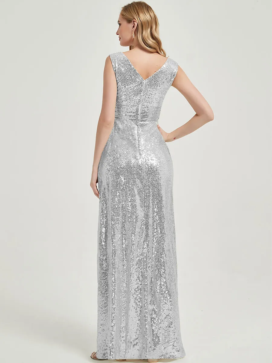 Silver Grey V-Neck Sleeveless Floor Length Sequin Bridesmaid Dress
