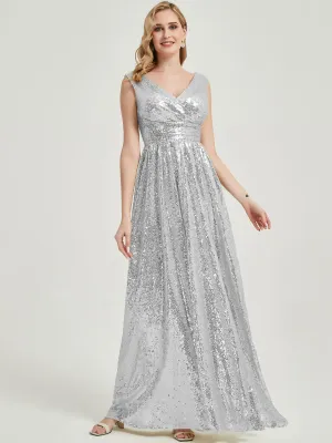 Silver Grey V-Neck Sleeveless Floor Length Sequin Bridesmaid Dress