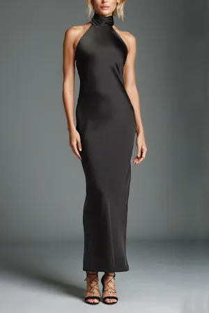 Simple Black Halter Elastic Satin Ankle Length Prom Dress