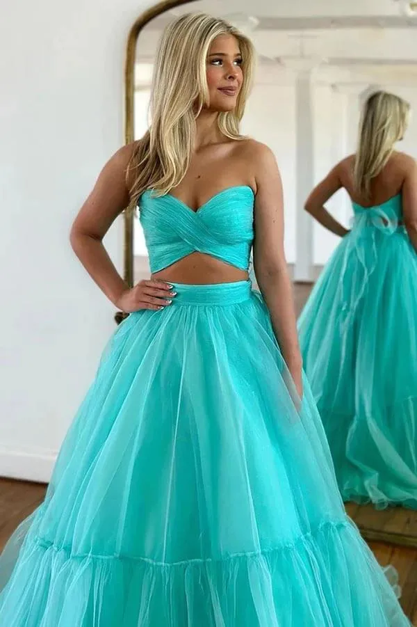 Simple Green Tulle A-line Two Pieces Off-the-Shoulder Prom Dresses, MP856