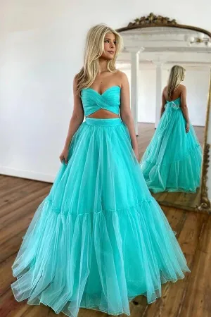 Simple Green Tulle A-line Two Pieces Off-the-Shoulder Prom Dresses, MP856