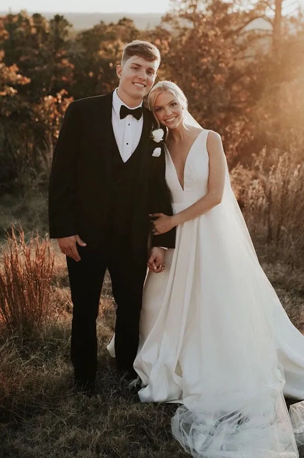Simple Satin A Line Deep V-neck Wedding Dress With Sweep Train, SW384