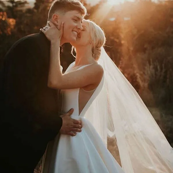 Simple Satin A Line Deep V-neck Wedding Dress With Sweep Train, SW384