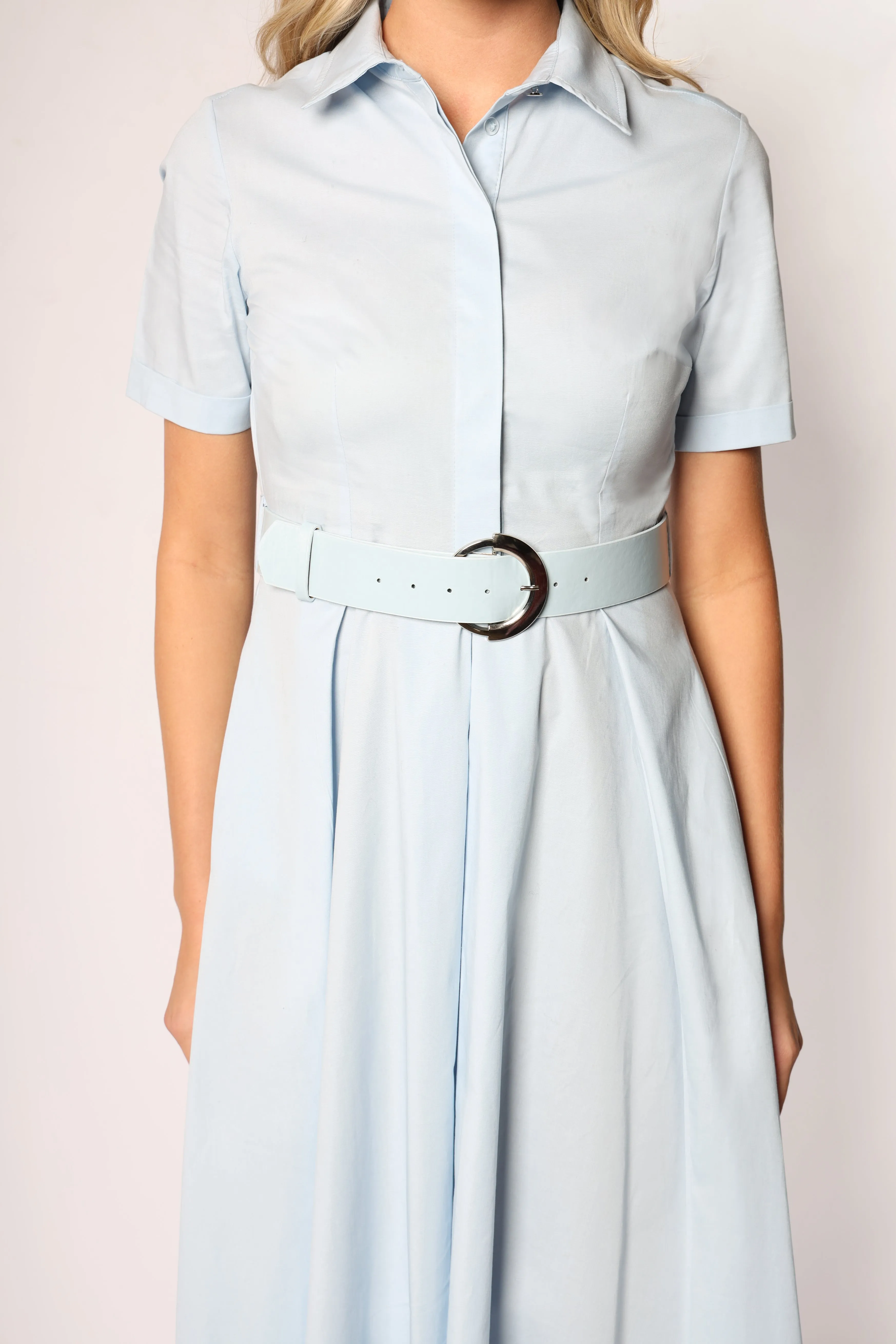 Sky Blue Short-sleeved Belted Cotton Women's Midi Dress
