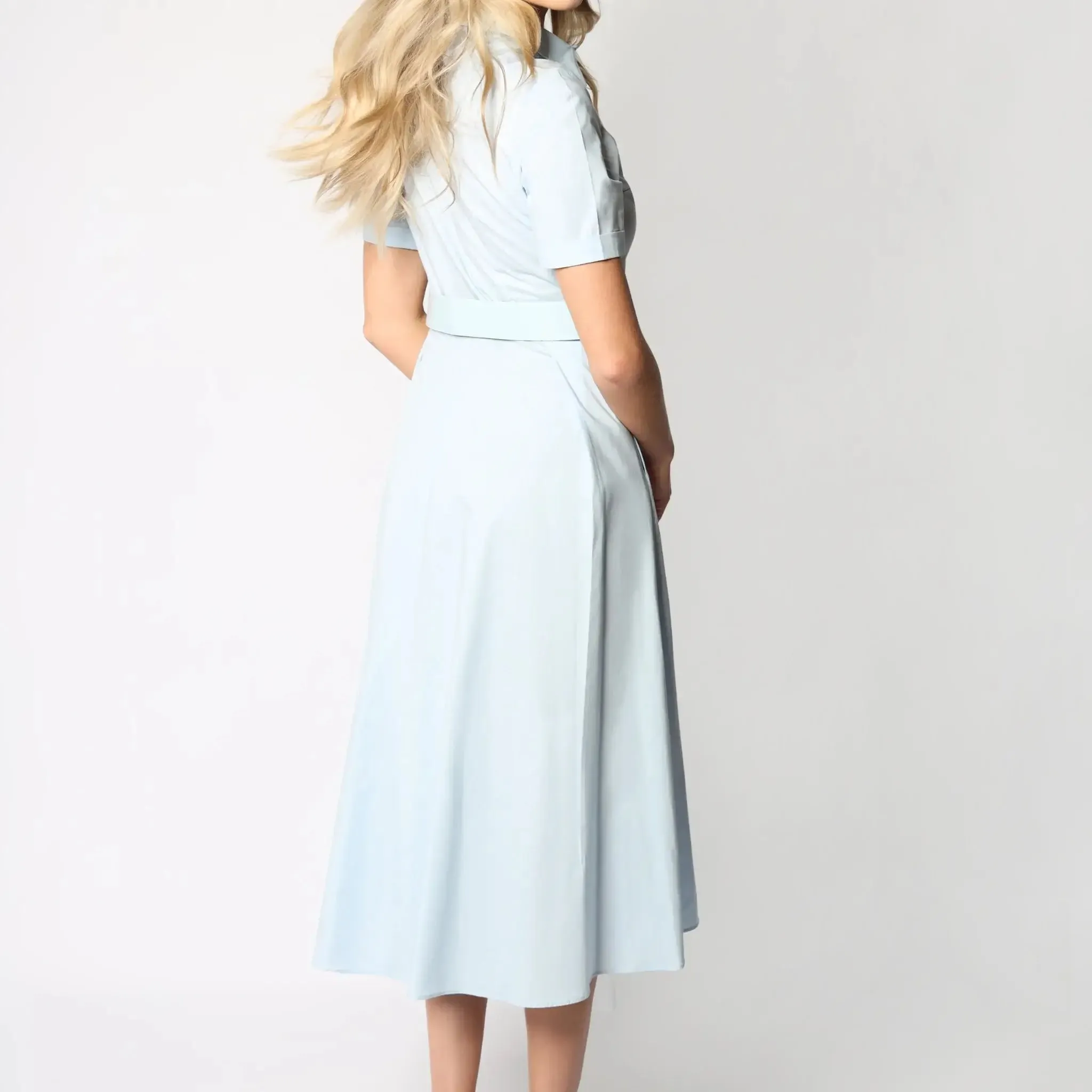 Sky Blue Short-sleeved Belted Cotton Women's Midi Dress