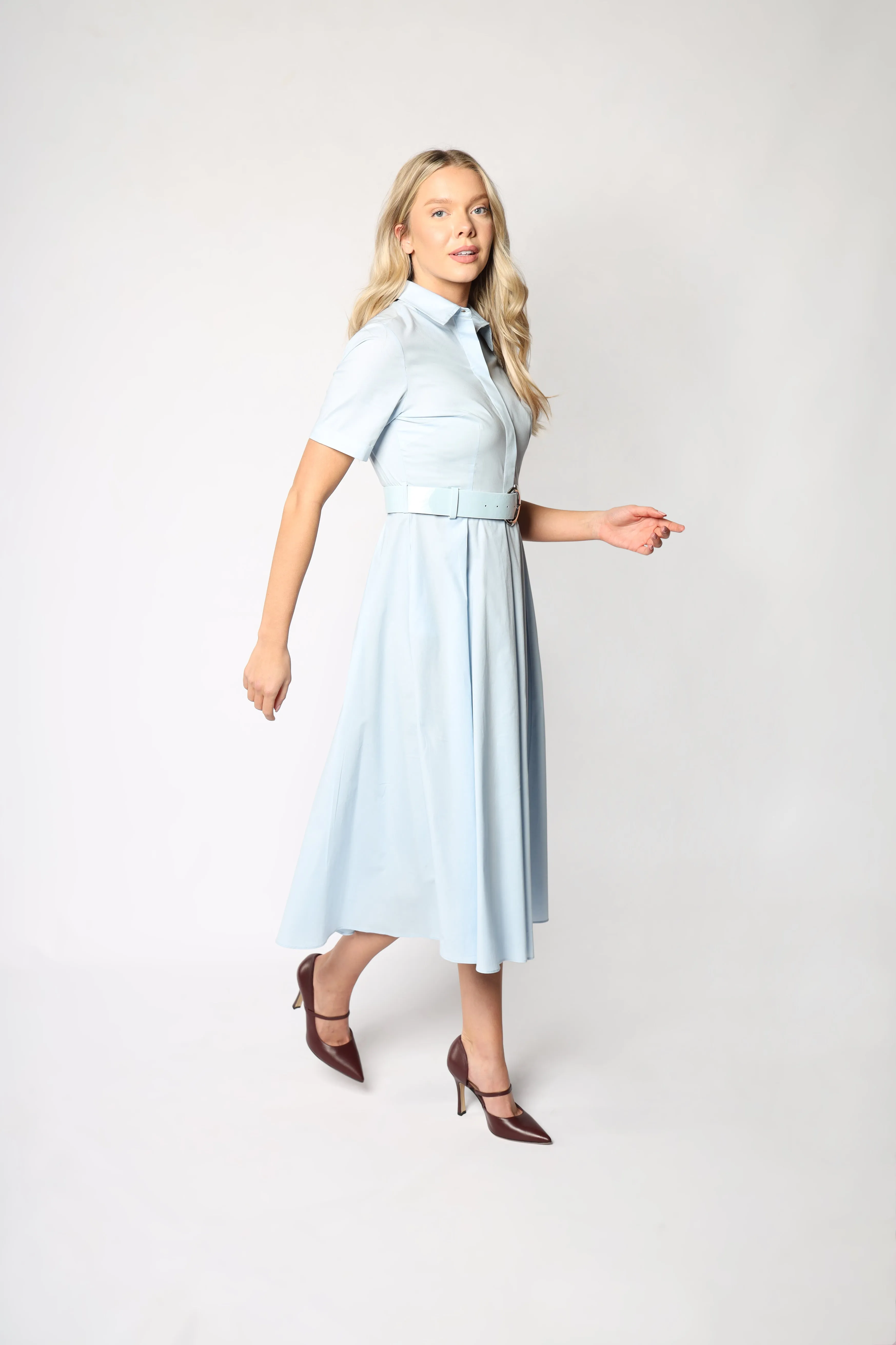 Sky Blue Short-sleeved Belted Cotton Women's Midi Dress