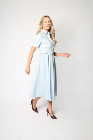 Sky Blue Short-sleeved Belted Cotton Women's Midi Dress