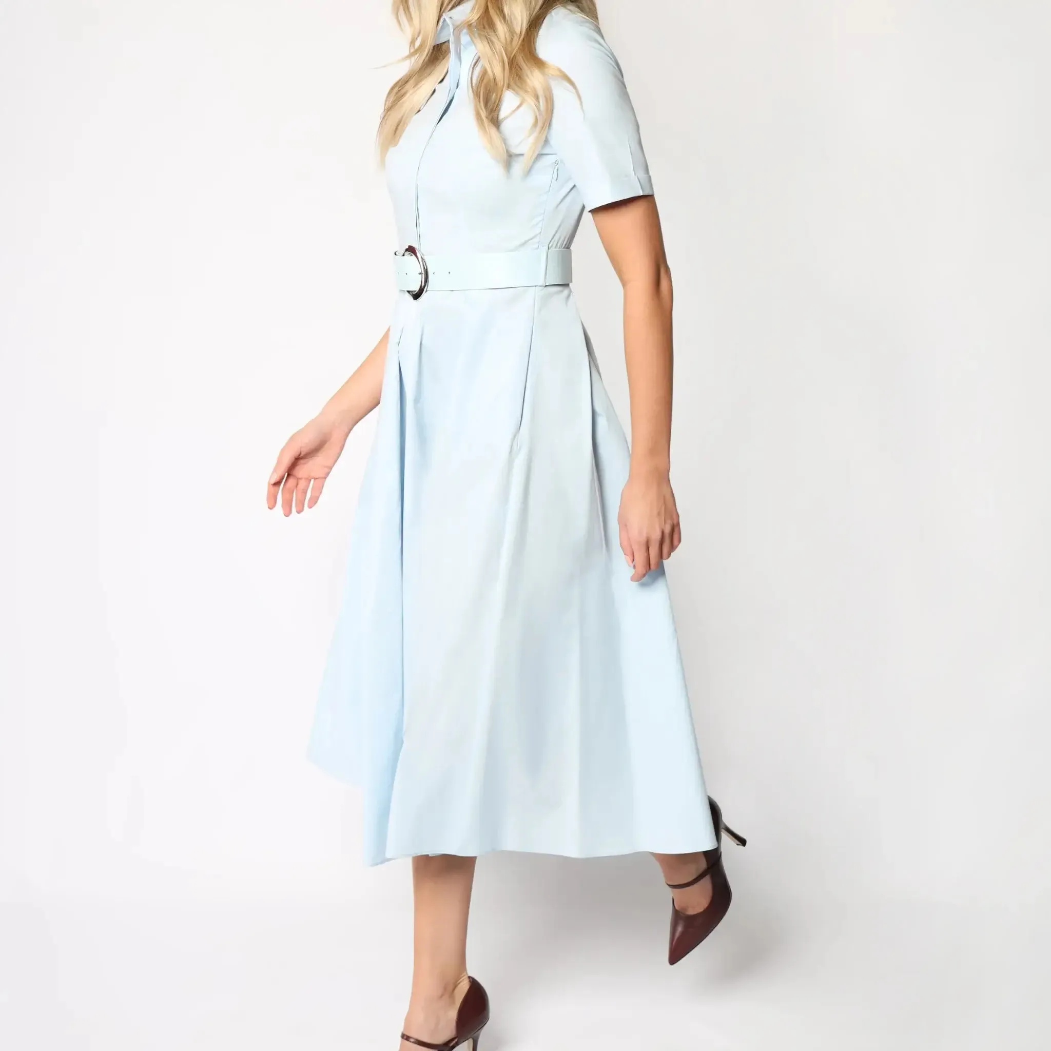 Sky Blue Short-sleeved Belted Cotton Women's Midi Dress