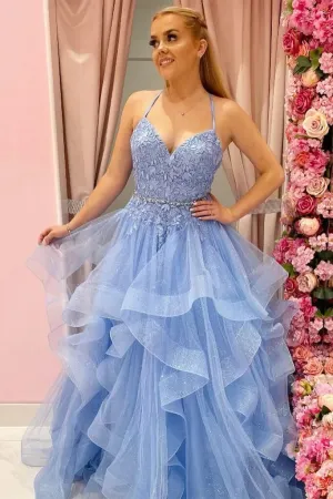 Sky Blue Tiered Tulle Princess Long Prom Dresses With Lace Appliques, SP842