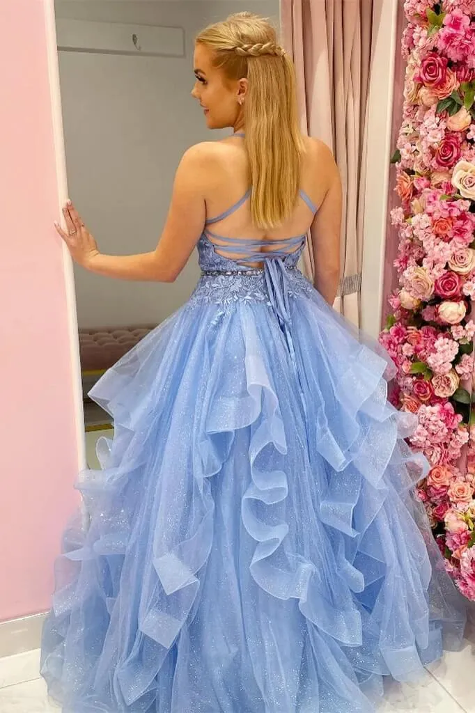 Sky Blue Tiered Tulle Princess Long Prom Dresses With Lace Appliques, SP842