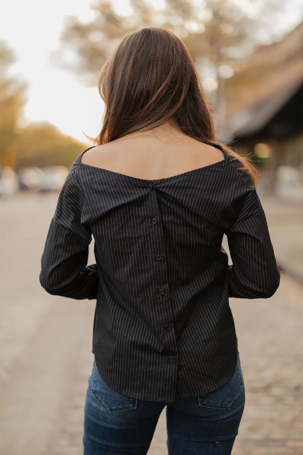 Skye Black Pinstripe Button Back Top (S-3XL)