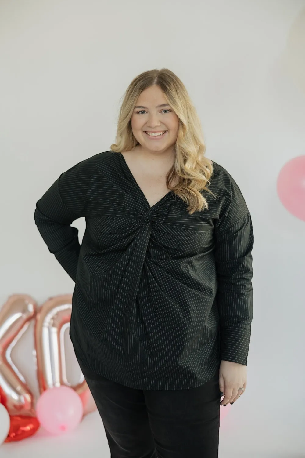 Skye Black Pinstripe Button Back Top (S-3XL)