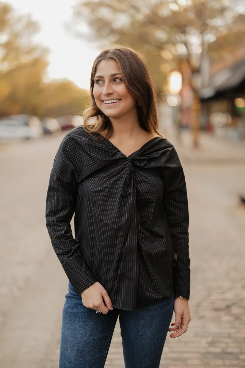 Skye Black Pinstripe Button Back Top (S-3XL)