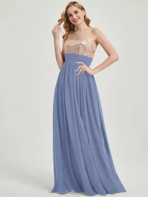 Slate Blue One-Shoulder Sequin Chiffon Maxi A-Line Bridesmaid Dress