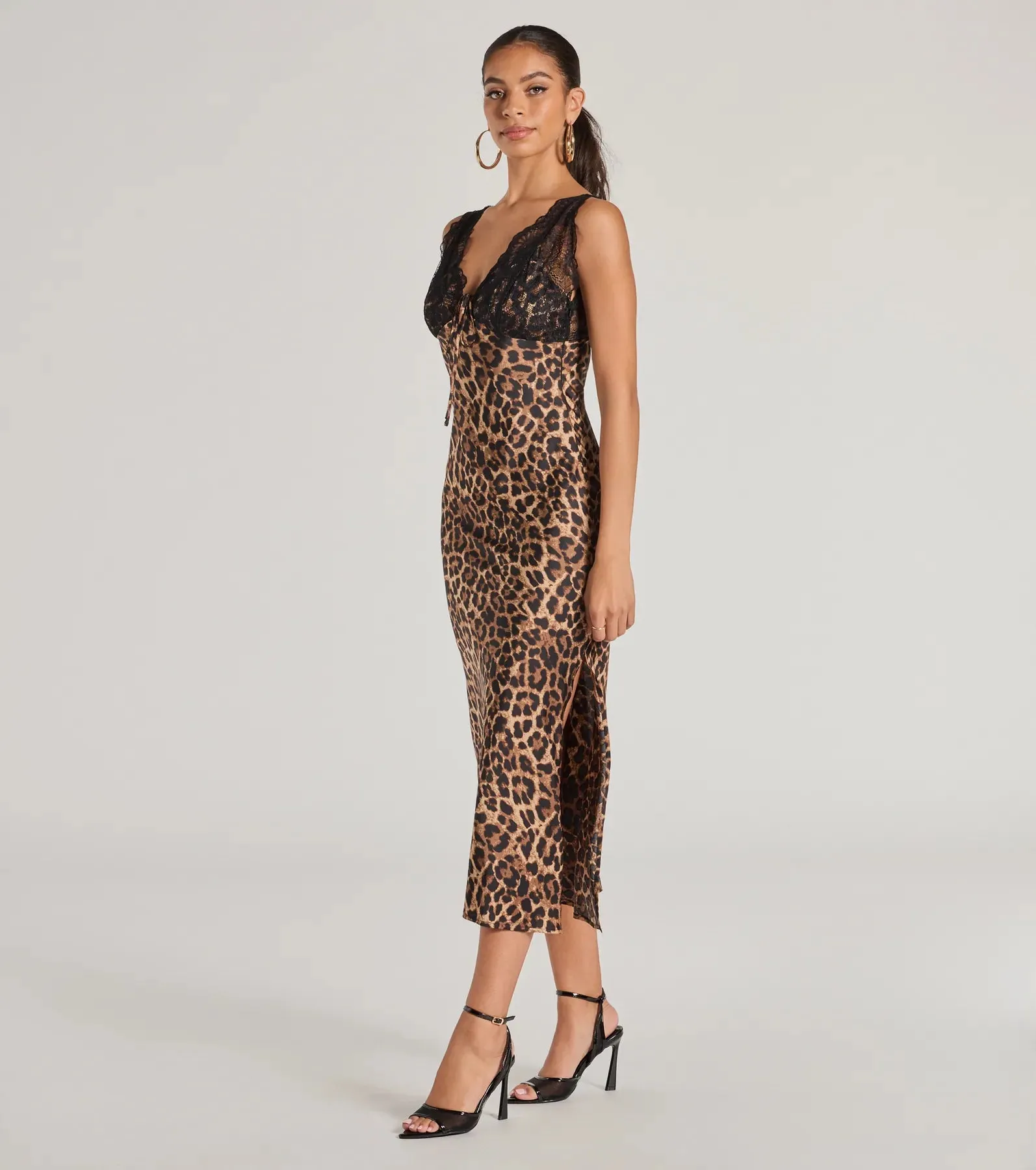Sleek Leopard Print Lace And Satin Midi Dress