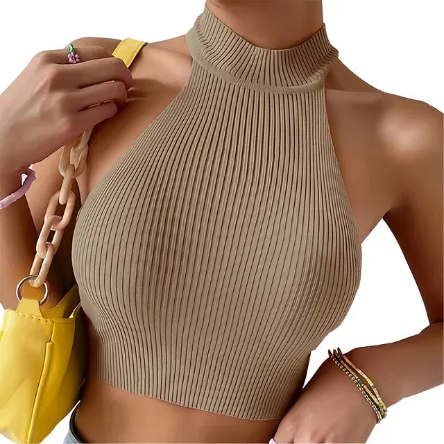 Sleeveless Knit Crop Top for Women Basic Solid Slim Fitted Halter Top Turtleneck Ribbed Vest Y2K High Neck Tops