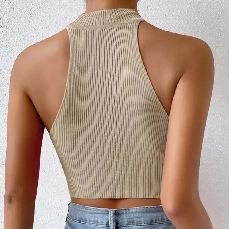 Sleeveless Knit Crop Top for Women Basic Solid Slim Fitted Halter Top Turtleneck Ribbed Vest Y2K High Neck Tops