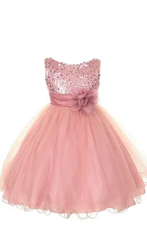 Sleeveless Scoop-neck A-line Sequined Dress With Flower-400402