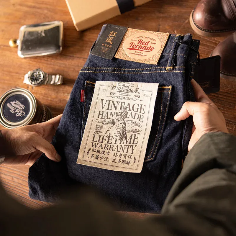 Slim Straight Red Selvedge Denim Jeans for Men: Rinsed Spring Pants