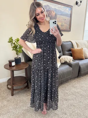 Smocked Short Sleeve Floral Dress in Black