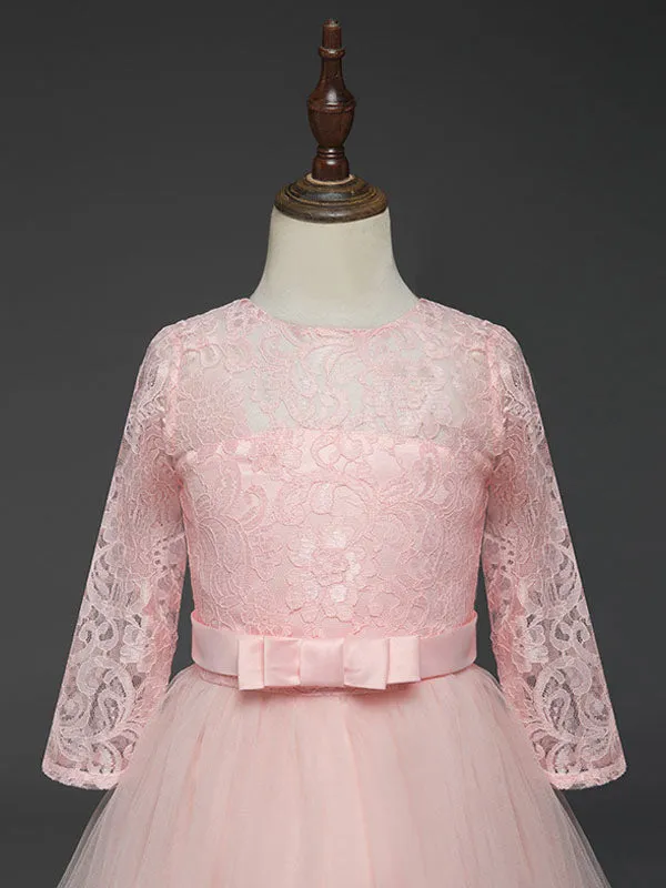 Soft Pink Kids Dress Lace Half Sleeve Bows Tulle A-line Girls Pageant Dress