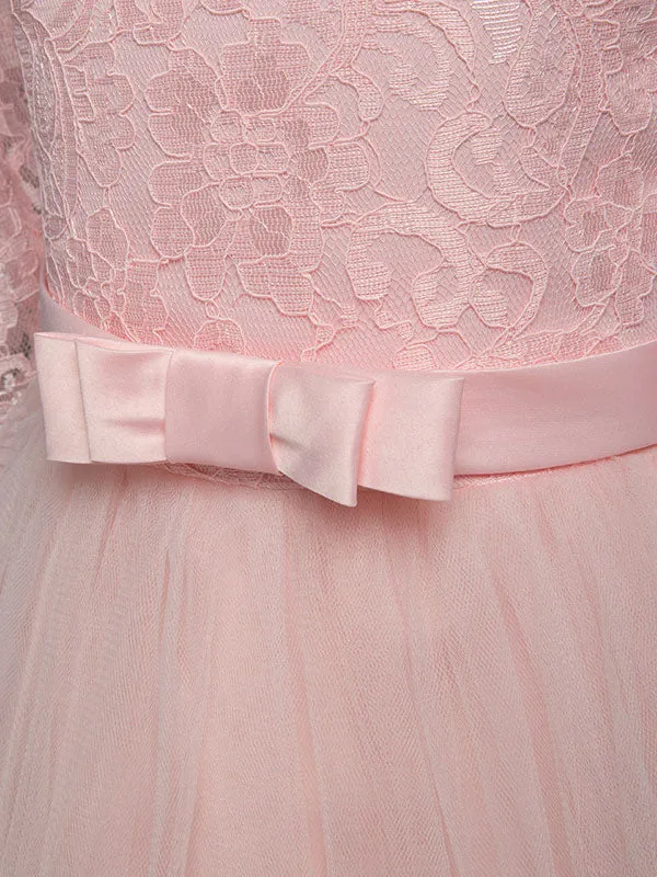 Soft Pink Kids Dress Lace Half Sleeve Bows Tulle A-line Girls Pageant Dress