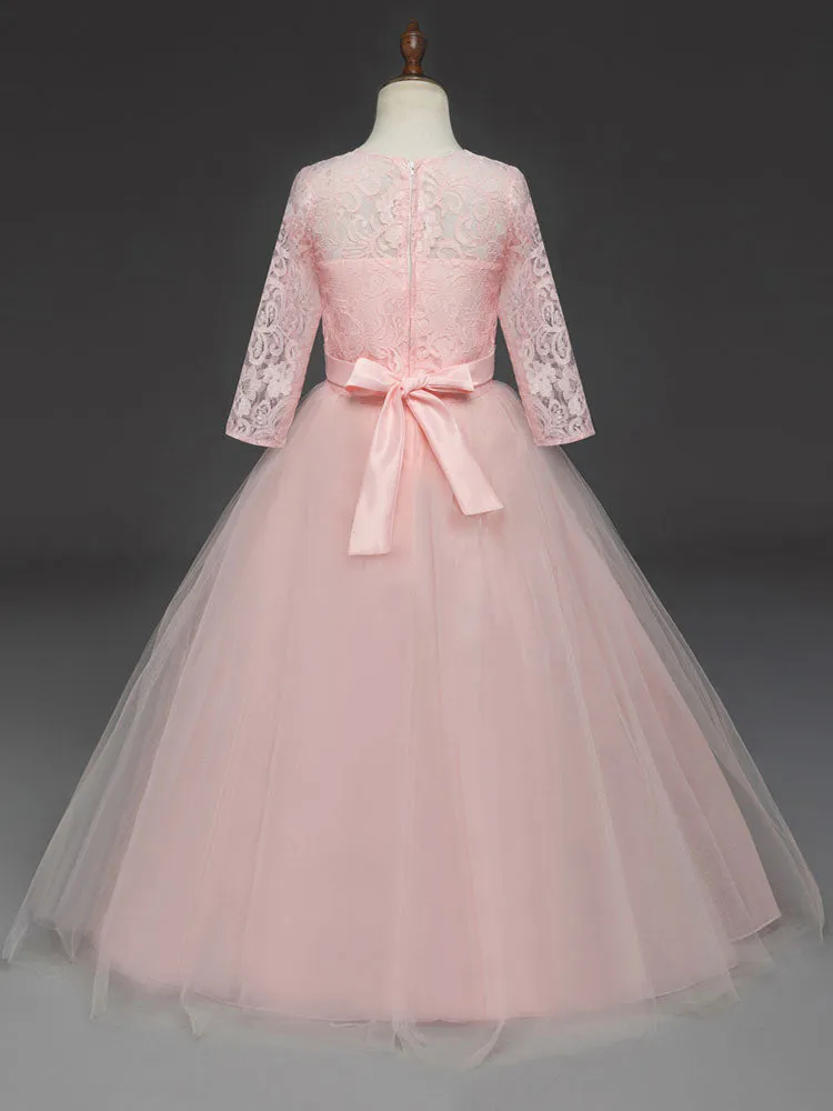 Soft Pink Kids Dress Lace Half Sleeve Bows Tulle A-line Girls Pageant Dress